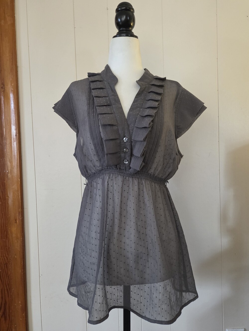 Smart Set Y2k whimsigoth sheer grey polka dot ruffle tunic blouse